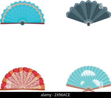 Vektorillustration von vier dekorativen Handventilatoren in verschiedenen Farben und Mustern Stock Vektor
