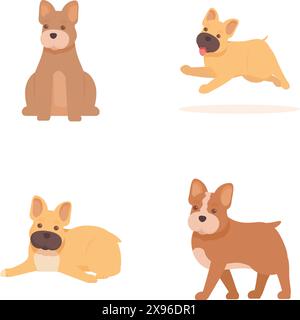 Set süßer Zeichentrickhunde, die sitzen, laufen und liegen Stock Vektor