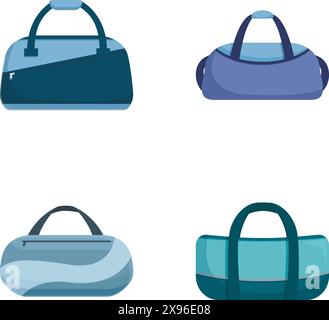 Kollektion mit vier trendigen Duffle-Taschen im Cartoonstil in verschiedenen Designs und Farben Stock Vektor