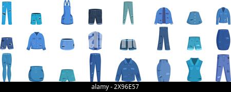 Ripped Denim Kleidung Icons setzen Vektor. Eine Kollektion blauer Kleidungsstücke, darunter Shorts, Hosen und Jacken. Die Kleidungsstücke sind in einem Raster angeordnet, wobei jedes Kleidungsstück einen anderen Platz einnimmt. Szene ist eine von Organisation und Ordnung Stock Vektor