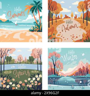 Set von Konzeptpostern Hello Season. Flache Vektorillustration im Querformat mit Typografie-Buchstabe Stock Vektor