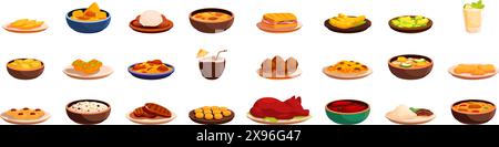 Kubanische Küche Ikonen setzen Vektor. Eine Sammlung von Lebensmitteln in verschiedenen Formen und Größen, darunter Schalen, Teller und Tassen. Konzept der Vielfalt und Vielfalt mit Schwerpunkt auf verschiedenen Arten von Lebensmitteln Stock Vektor