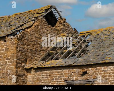 Alte ruinierte Bauernscheune aus rotem Backstein mit beschädigtem Schieferdach mit Löchern und fehlenden Schiefern, Leicestershire, England, Großbritannien Stockfoto