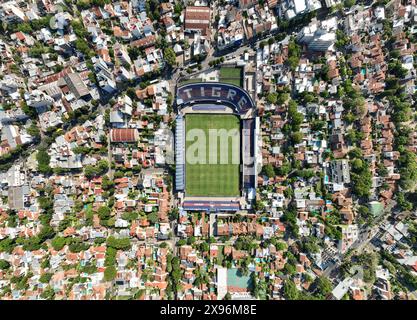 Buenos Aires, Argentinien, 6. Februar 2023: Fußballstadion Estadio José Dellagiovanna. Tigre Athletic Club. Luftaufnahme. Stockfoto