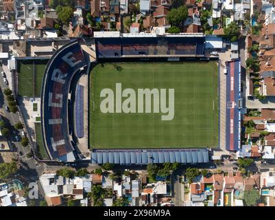 Buenos Aires, Argentinien, 6. Februar 2023: Fußballstadion Estadio José Dellagiovanna. Tigre Athletic Club. Luftaufnahme. Stockfoto