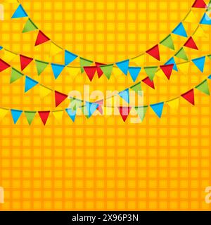 Festa Junina Illustration mit bunten Party Flag Girlande auf gelb kariertem Hintergrund. Vektor Festa de Sao Joao Brasilien Juni traditionelle Feiertage Stock Vektor