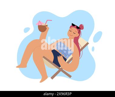 Sommerferien. Glückliche Frau auf einer Chaiselonange mit einem Cocktail. Illustration des Konzeptvektors Stock Vektor
