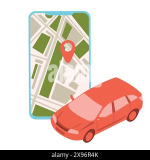Autonomer Online-Carsharing-Dienst, gesteuert über Smartphone-App, Online-Taxibuchungs-App. Telefon mit Standortmarkierung und Auto. Vektorabbildung Stock Vektor
