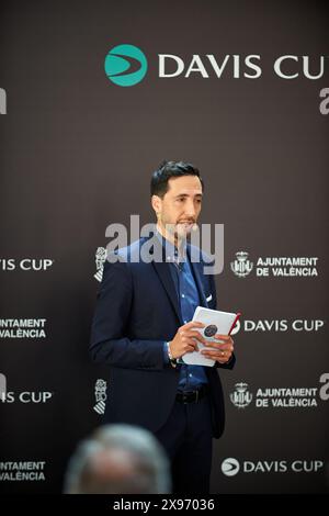 David Blai Sprecher in Aktion während der offiziellen Präsentation der Gruppenbühne in Valencia am 29. Mai 2024 im Mercado de Colon (Valencia, offizielle PR Stockfoto