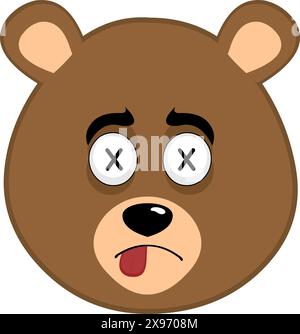 Vektor-Illustration Gesicht brauner Bär Grizzly Cartoon, mit Kreuze Augen im Konzept des toten Charakters Stock Vektor