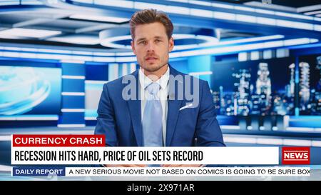 TV Live News Programm: Moderator berichtet über die Ereignisse, Science Progress, Running Line. Tv Cable Channel Newsroom Studio: Anchorman Talks. Modell-Rundfunknetzwerk-Konzept Stockfoto