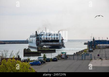 Die Hochgeschwindigkeitsfähre Bornholmslinjen verkehrt im Hafen von Ronne, Bornholm Island, Ronne bis 28. Mai 2024. Stockfoto