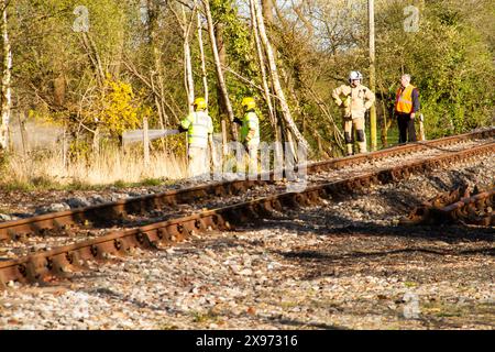 Lineseitiges Feuer, Feuerwehrleute in Anwesenheit, Creech Bottom, Swanage Railway Strict Bulleid Steam Gala 2017 Stockfoto