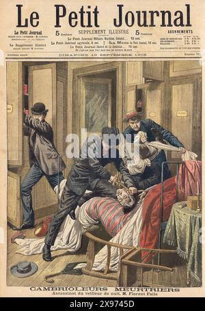 Übersetzung : " MÖRDERISCHE EINBRECHER Attentat auf den Nachtwächter Herrn Florent Falla " CAMBRIOLEURS MEURTRIERS Assassinat du veilleur de nuit, M. Florent Falla - in der französischen Illustrierten Zeitung Le Petit Journal Stockfoto