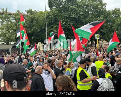 Berlin, Deutschland. Mai 2024. Die Teilnehmer stehen mit palästinensischen Fahnen bei einer Ro-palästinensischen Demonstration in Kreuzberg. Quelle: Paul Zinken/dpa/Alamy Live News Stockfoto