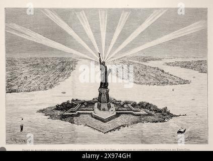 "PROJET DE MONUMENT COMMÉMORATIF À ÉLEVER À L'ENTRÉE DE LA BAIE DE NEW YORK, À L'OASE DU CENTENAIRE DE L'INDÉPENDANCE DES ÉTATS-UNIS". - Auszug aus 'L'Illustration Journal Universel' - französisches Illustrationsmagazin - Dies ist eine Illustration eines geplanten Gedenkdenkmals am Eingang der New York Bay zum hundertsten Jahrestag der Unabhängigkeit der Vereinigten Staaten. Die Freiheitsstatue ist mit Strahlen dargestellt, die von der Fackel ausgehen und Licht über die Bucht werfen. Sie ist in einem realistischen Stil mit feinen Details gezeichnet, die charakteristisch für Stiche aus dem 19. Jahrhundert sind. |- 1875 Stockfoto