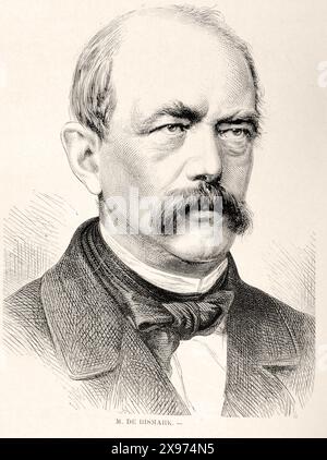 "M. DE BISMARCK." - Auszug aus dem L'Illustration Journal Universel - französisches Illustrationsmagazin - das Bild ist ein Porträt von Otto von Bismarck mit seinem charakteristischen Schnurrbart und ernstem Ausdruck. Der Stil ist eine detaillierte Schwarz-weiß-Ätzung. 1870 Stockfoto