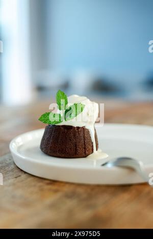 Schokoladenfondant mit Vanilleeis auf einem weißen Teller. Stockfoto