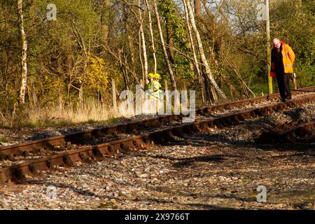 Lineseitiges Feuer, Feuerwehrleute in Anwesenheit, Creech Bottom, Swanage Railway Strict Bulleid Steam Gala 2017 Stockfoto