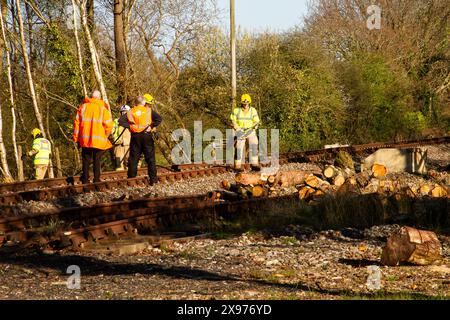 Lineseitiges Feuer, Feuerwehrleute in Anwesenheit, Creech Bottom, Swanage Railway Strict Bulleid Steam Gala 2017 Stockfoto