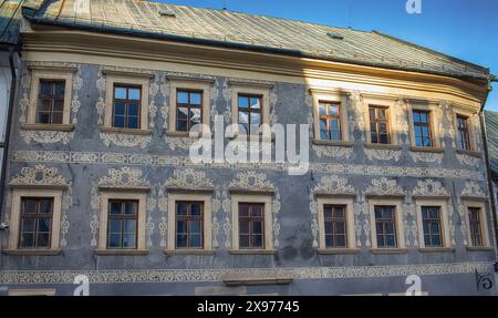 Sgraffito-Wanddekor an der Fassade des historischen Gebäudes. Banska Stiavnica, Slowakei. Hochwertige Fotos. Hochwertige Fotos Stockfoto