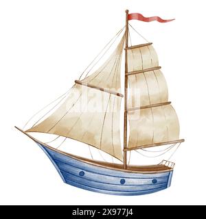 Aquarellillustration für Segelboote. Zeichnung eines Segelschiffes in Pastellfarben für Babyduschdesign auf isoliertem Hintergrund. Skizze von Boot oder Yacht für kindliches Design im nautischen Stil. Farbenfroher Segler Stockfoto