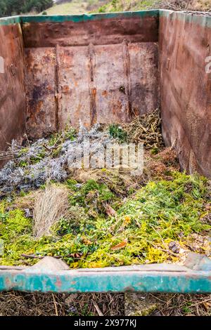 Großer Behälter mit Grünabfall in öffentlichen Parks, Recycling- oder Anlagen, Kompostierung Stockfoto