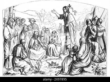 Holzgravierung der Predigt Johannes des Täufers (Matthäus-Evangelium) aus der antiken, illustrierten Familienbibel des 19. Jahrhunderts Stockfoto