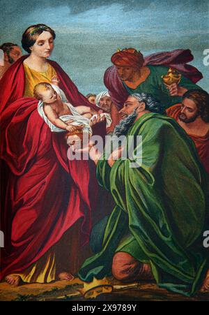 Illustration der Anbetung der Könige von Carlo Maratta aus dem 19. Jahrhundert illustrierte Familienbibel Stockfoto