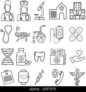 Satz von medizinischen und gesundheitsbezogenen Vektorlinien-Symbolen. Enthält solche Symbole wie MRT, Krankenhaus, Medizin, Chirurgie und mehr. Bearbeitbare Kontur. Stock Vektor