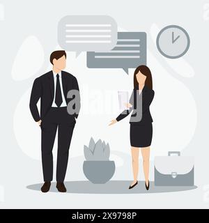 Zwei Geschäftsleute in Anzügen diskutieren über Arbeit, Geschäft und Finanzen. Vektor-Illustration des Geschäftskonzepts. Stock Vektor