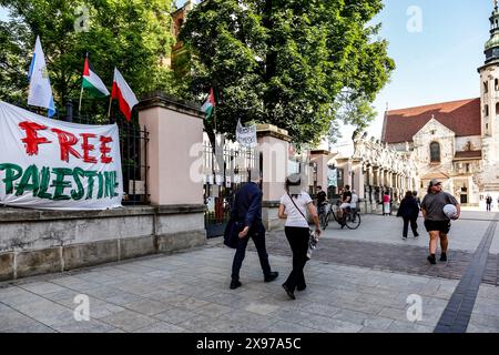 28. Mai 2024, Krakau, Malopolskie, Polen: Passanten, die an einem Banner mit der Aufschrift „freies palästina“ vorbeigingen, während Studenten der Jagiellonia-Universität einen Arbeitsstreik im Hof des Collegium Broscianum für eine Woche zur Unterstützung Palästinas durchführen. Die Studenten führten einen friedlichen Angriff gegen Israel auf Palästina durch. Polnische Studenten protestierten gegen das, was sie als Völkermord bezeichnen, als mehr als 35 000 Palästinenser in diesem siebenmonatigen Konflikt getötet wurden. Israel Griff den Gazastreifen an, nachdem die Hamas am 7. Oktober 2023 mehr als 11 hundert Menschen in Israel infiltriert und getötet hatte. (Kredit-Imag Stockfoto