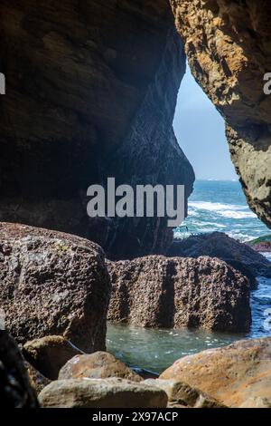 Die interessante Felsformation Devils Punchbowl ist ein State Natural Area in der Nähe von Newport und Otter Rock, Oregon, USA. Stockfoto