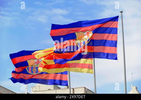 Mehrere Fahnen winken im Wind gegen den blauen Himmel, Barcelona, Katalonien, Spanien Stockfoto