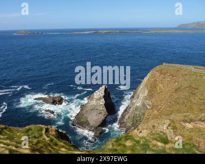 Beeindruckende Klippenlandschaft mit rauen Wellen, die gegen Felsen krachen, unter blauem Himmel, grüne Wiesen am Meer mit steinigen Ufern und Ruinen, Lerwick Stockfoto