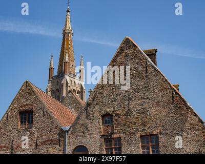 Alte Backsteingebäude mit gotischem Turm im Hintergrund unter einem hellblauen Himmel, historische Stadt am Fluss mit kunstvollen Giebeln, alten Fassaden und Stockfoto