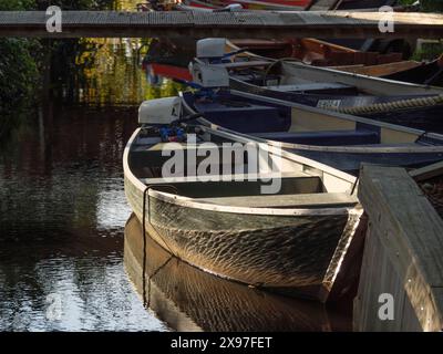 Ein Boot liegt unter einer hölzernen Brücke in einem schattigen Bereich von Wasser, umgeben von dichter Vegetation, Boote auf kleinen Kanälen in den niederlanden, Giethoorn, die Stockfoto