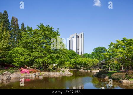 Japanischer Garten im Park Planten un Blomen mit Radisson Blu Hotel und Park Teich im Frühjahr, Hamburg, Deutschland Stockfoto