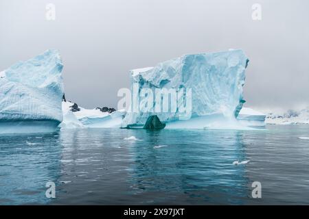 Eine antarktische Landschaft in der Nähe von Cuverville Island, die Berge und Eisberge hervorhebt. Stockfoto