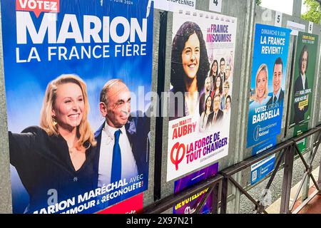 Paris, Frankreich. Mai 2024. Plakate für die Europawahlen 2024 sind an der Bushaltestelle Parc St.-Cloud am Ufer der seine ausgestellt. Die Europawahlen finden vom 6. Bis 9. Juni 2024 statt. Frank Molter/dpa/Alamy Live News Stockfoto