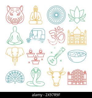 Indische Symbole im Linienstil. Traditionelle Symbole wie Buddha, Taj Mahal, Lotusblume, Elefant, Hawa Mahal, om-Zeichen. Vektorabbildung mit Stock Vektor