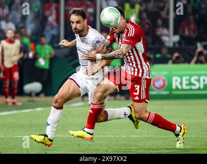 Atene, Atene, Grecie. Mai 2024. Francisco Ortega von Olympiacos FC- Giacomo Bonaventura von ACF Fiorentina während des Conference League Finales am 29/2024 zwischen Olympiakos vs AC Fiorentina im Agia Sophia Stadion in Athen (Credit Image: © Fabio Sasso/ZUMA Press Wire) NUR REDAKTIONELLE VERWENDUNG! Nicht für kommerzielle ZWECKE! Stockfoto