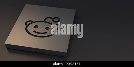 Auckland, Neuseeland - 29. April 2021: Reddit-Logotypen auf Metallplatte eingraviert. 3D-Illustration luxuriöser Hintergrund der Social-Media-Ikone. Stockfoto