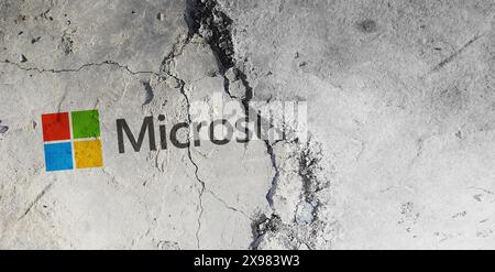 Microsoft-Symbol auf gerissenem Boden mit Kopierraum. 3D-Darstellung des Firmenlogos. Neuseeland, Auckland, Mai 30,2024 Stockfoto