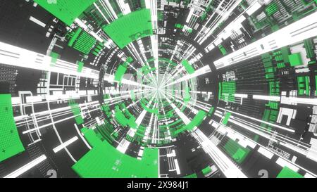 SCI-Fi Green TECH Tunnel. Wir bewegen uns in einem glühenden endlosen Korridor. 3D-Abbildung Stockfoto