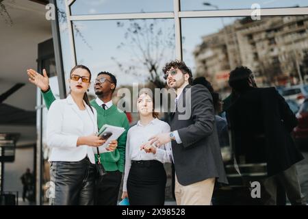 Das dynamische Startup-Team nimmt an einem strategischen Treffen im Freien Teil Stockfoto