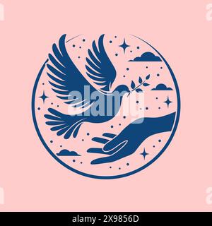 Eine Taube des Friedens mit einem Olivenzweig im Schnabel, der auf einer ausgestreckten Hand sitzt, Vektorillustration Stock Vektor