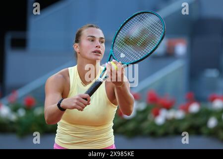 Aryna Sabalenka gegen Robin Montgomery im Spiel der Frauen-Singles-Runde 32 während des sechsten Tages der Mutua Madrid Open am 28. April 2024 in Madrid. Mit: Aryna Sabalenka Wo: Madrid, Spanien Wann: 28 Apr 2024 Credit: Oscar Gonzalez/WENN Stockfoto