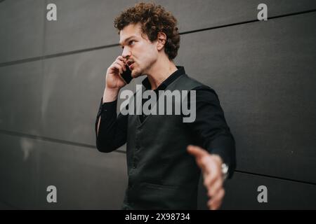 Geschäftsmann in schwarzer Weste, der leidenschaftlich an einer modernen Wand telefoniert Stockfoto