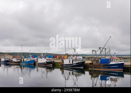 29. Mai 2024. Burghead Harbour, Moray, Schottland. Dies ist ein Blick auf die angelegten Fischerboote, die auf einer ruhigen, aber grauen Wolke am Pier von Burghead Harbour befestigt sind Stockfoto